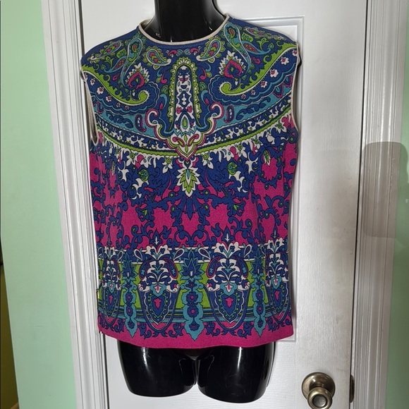 Zio Luigi Vintage 60s Psychedelic Byzantine Borders Print Mod Sleeveless Top S M - Picture 1 of 14